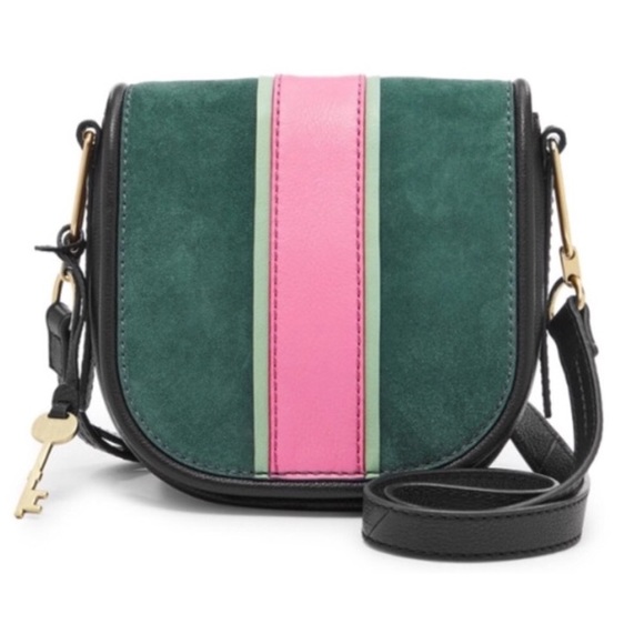 Fossil Handbags - Fossil Rumi Crossbody Suede Green Pink Stripe Bag